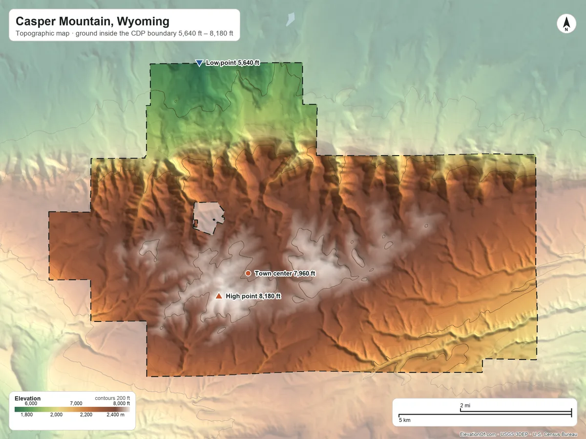 Topographic elevation map of Casper Mountain, Wyoming, shaded from 5,640 ft on the north side to 8,180 ft on Casper Mountain