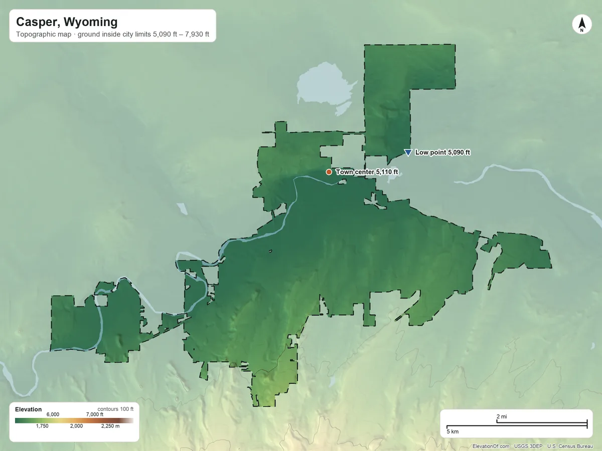 Topographic elevation map of Casper, Wyoming, shaded from 5,090 ft on the east side to 7,930 ft on the south side