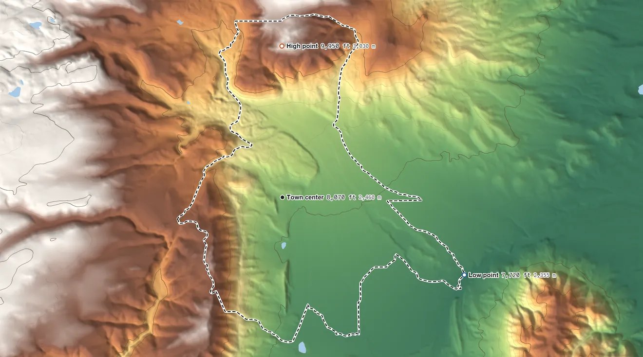 Topographic elevation map of Centennial, Wyoming, shaded from 7,720 ft on the southeast side to 9,950 ft on the north side