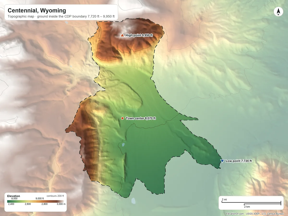 Topographic elevation map of Centennial, Wyoming, shaded from 7,720 ft on the southeast side to 9,950 ft on the north side