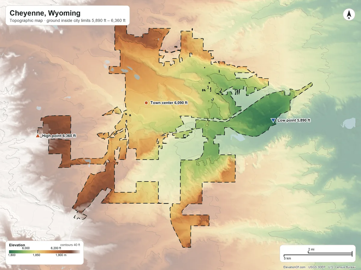 Topographic elevation map of Cheyenne, Wyoming, shaded from 5,890 ft on the east side to 6,360 ft on the west side
