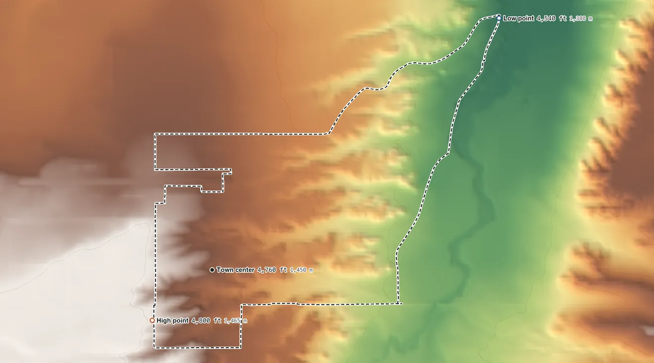 Topographic elevation map of Chugcreek, Wyoming, shaded from 4,540 ft on the northeast side to 4,800 ft on the southwest side