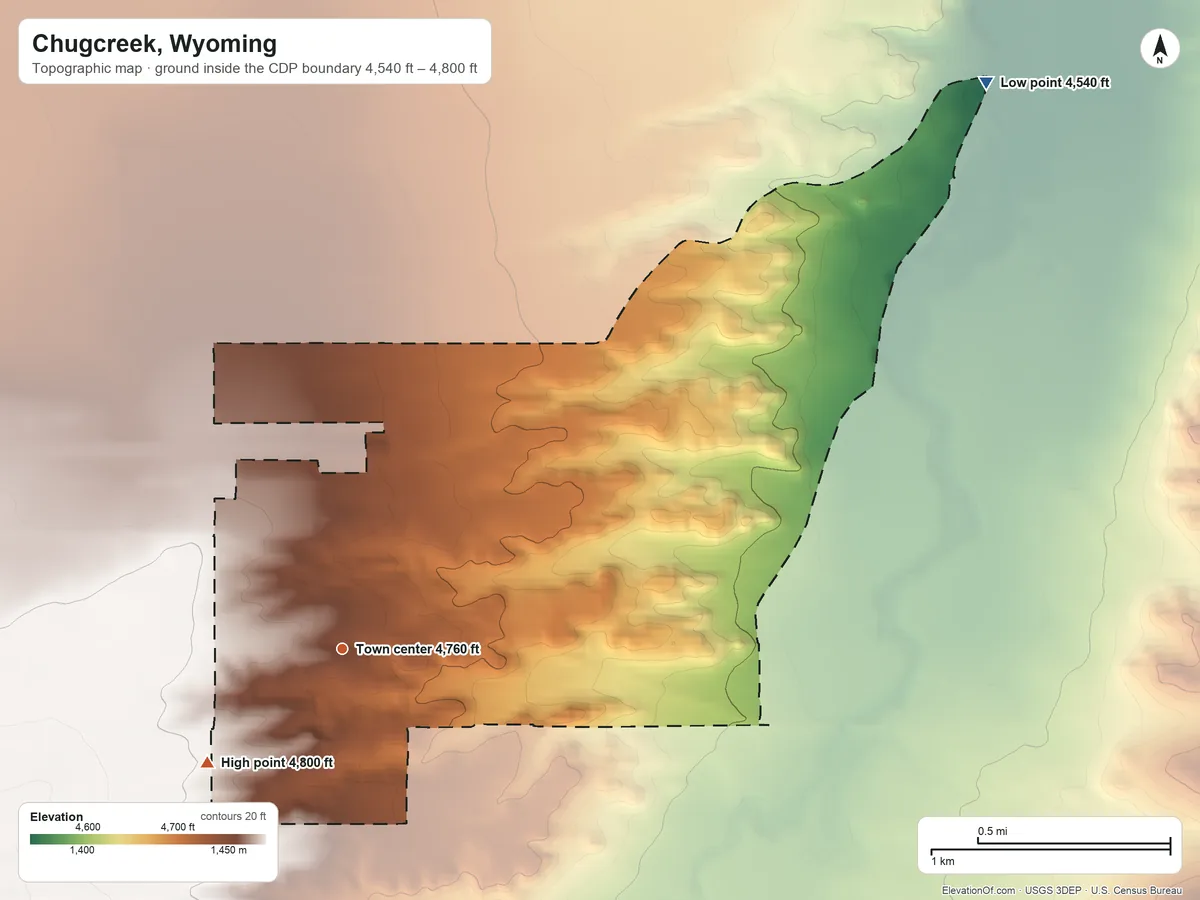 Topographic elevation map of Chugcreek, Wyoming, shaded from 4,540 ft on the northeast side to 4,800 ft on the southwest side