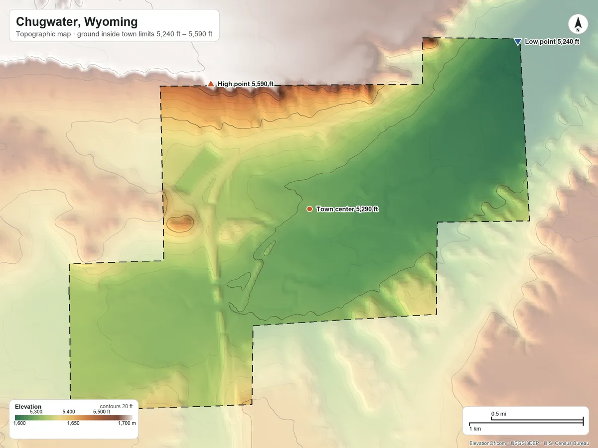 Topographic elevation map of Chugwater, Wyoming, shaded from 5,240 ft on the northeast side to 5,590 ft on the northwest side