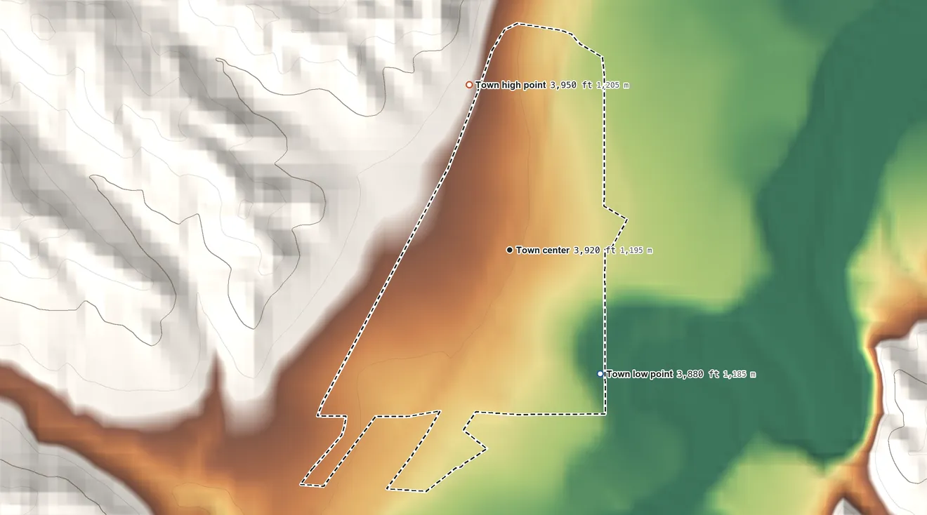 Topographic elevation map of Clearmont, Wyoming, shaded from 3,880 ft on the southeast side to 3,950 ft on the north edge, below higher ground just outside