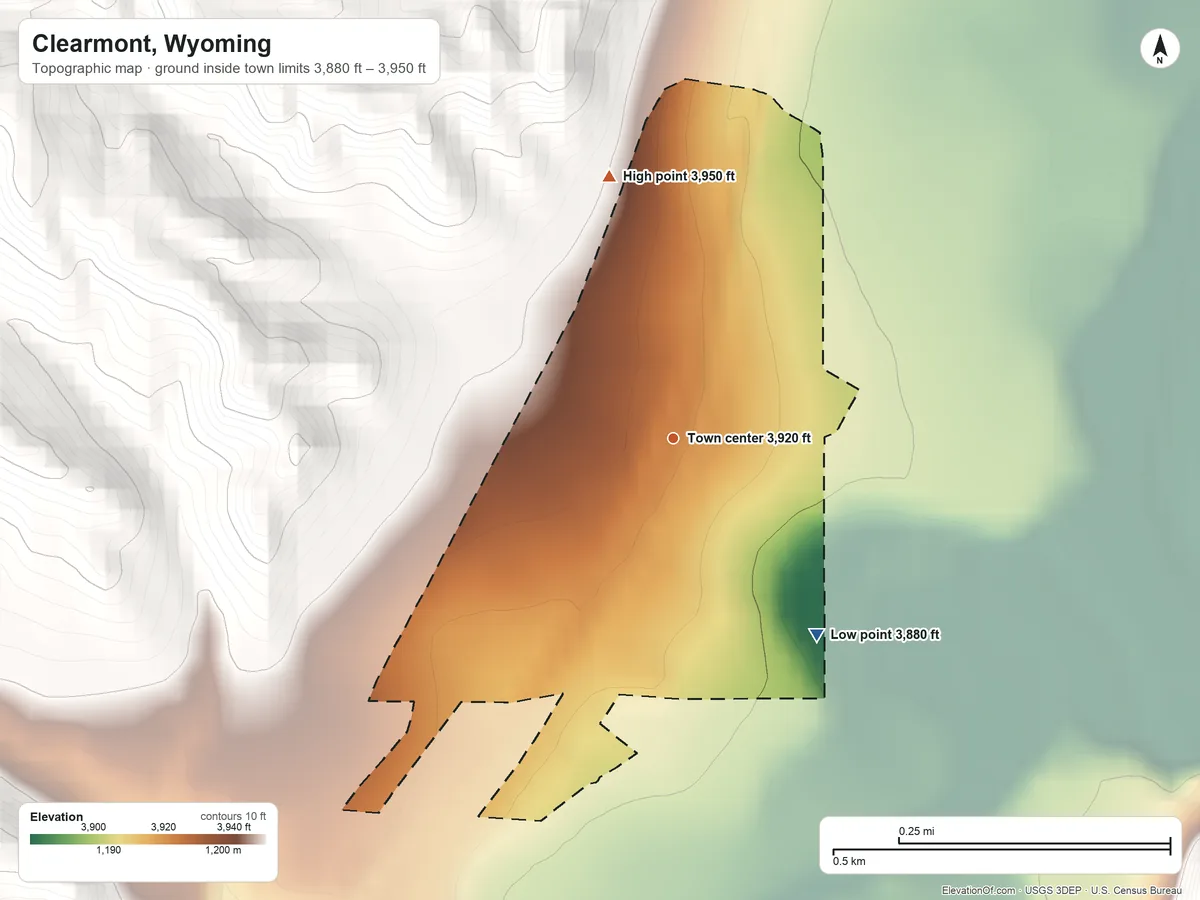 Topographic elevation map of Clearmont, Wyoming, shaded from 3,880 ft on the southeast side to 3,950 ft on the north edge, below higher ground just outside