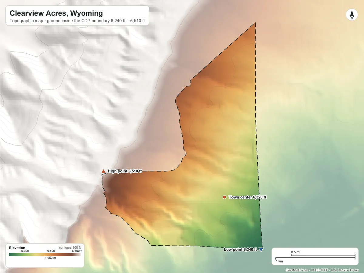 Topographic elevation map of Clearview Acres, Wyoming, shaded from 6,240 ft on the southeast side to 6,510 ft on the west edge, below higher ground just outside