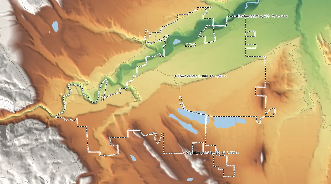 Topographic elevation map of Cody, Wyoming, shaded from 4,750 ft on the northeast side to 5,420 ft on the south side