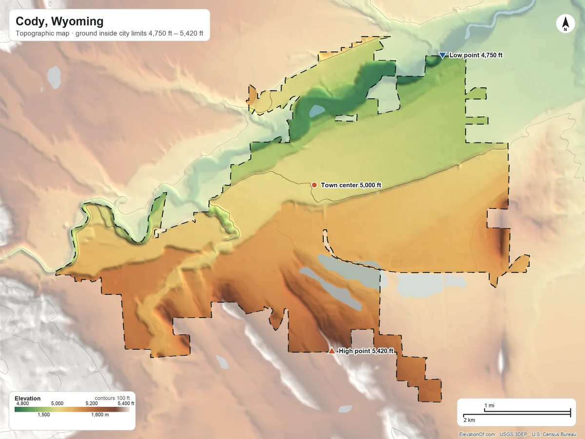 Topographic elevation map of Cody, Wyoming, shaded from 4,750 ft on the northeast side to 5,420 ft on the south side