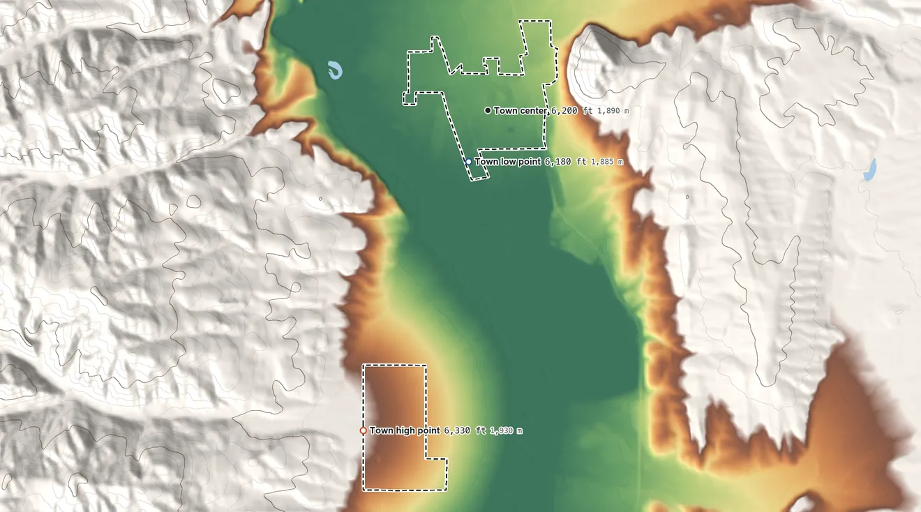 Topographic elevation map of Cokeville, Wyoming, shaded from 6,180 ft on the south side to 6,330 ft at the foot of the Boundary Hills