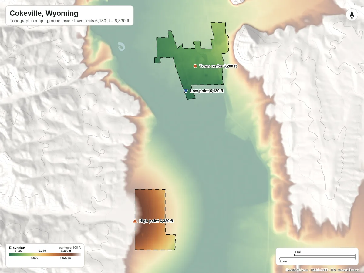 Topographic elevation map of Cokeville, Wyoming, shaded from 6,180 ft on the south side to 6,330 ft at the foot of the Boundary Hills