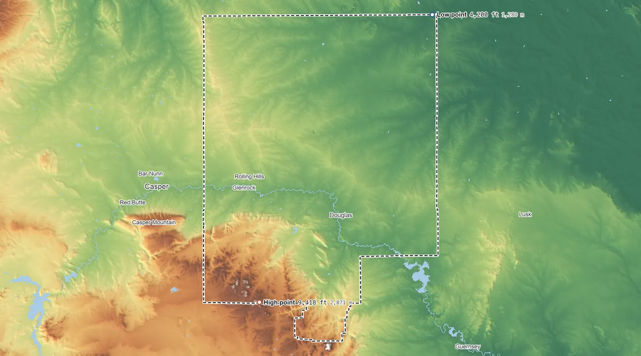 Topographic elevation map of Converse County, Wyoming, shaded from 4,200 ft on the northeast side to 9,418 ft on Warbonnet Peak