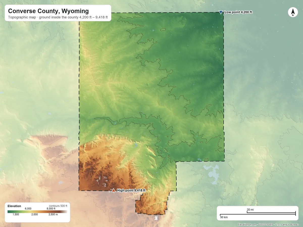 Topographic elevation map of Converse County, Wyoming, shaded from 4,200 ft on the northeast side to 9,418 ft on Warbonnet Peak