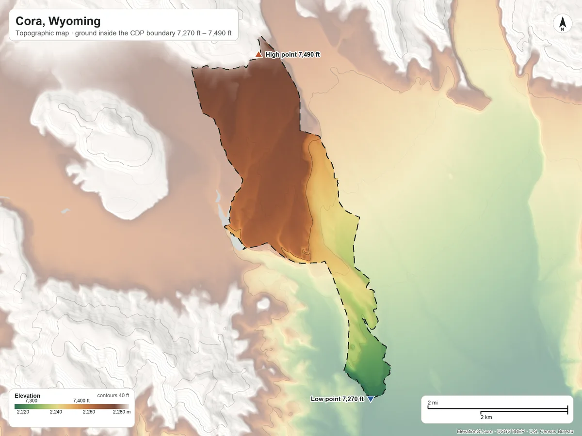 Topographic elevation map of Cora, Wyoming, shaded from 7,270 ft on the south side to 7,490 ft on the northwest edge, below higher ground just outside
