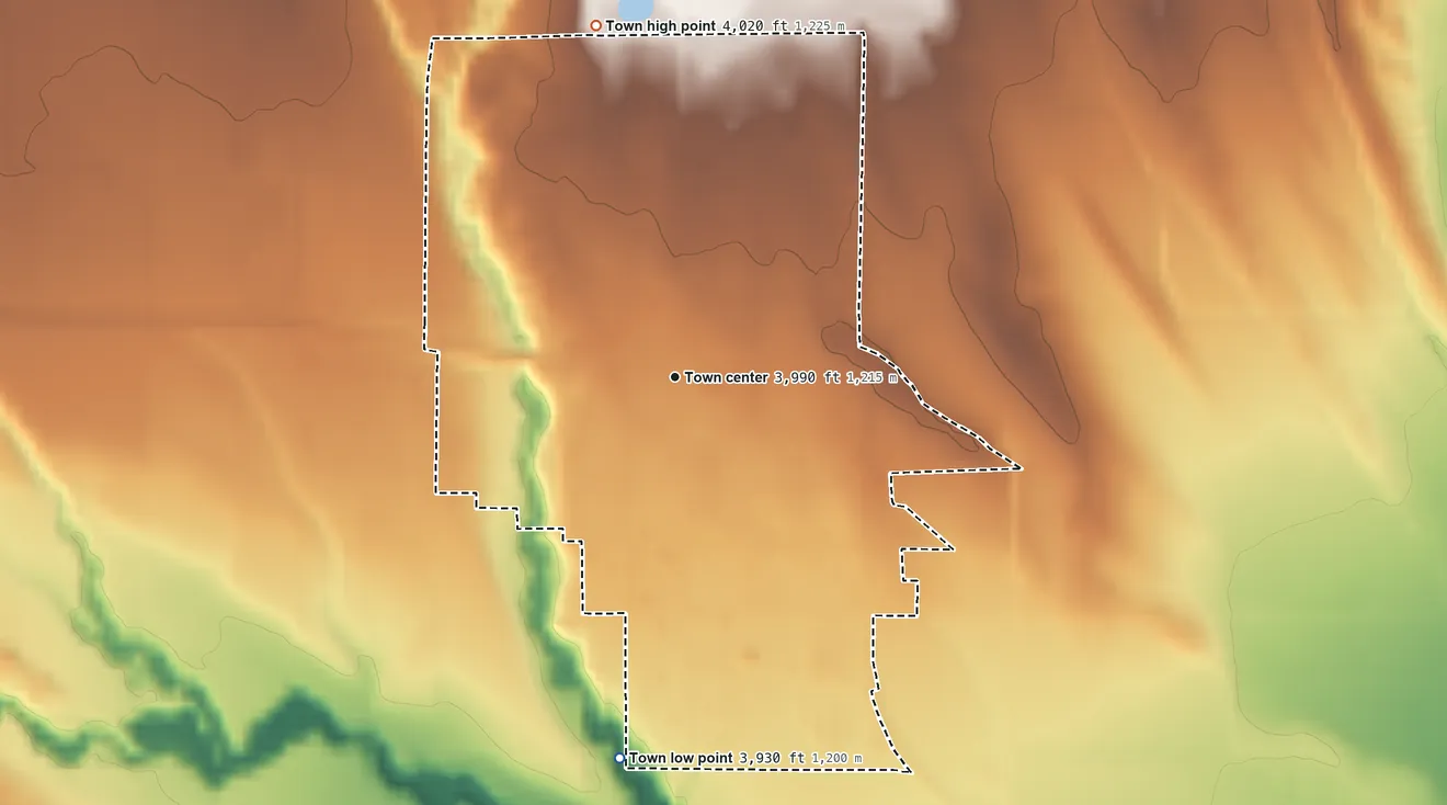 Topographic elevation map of Cowley, Wyoming, shaded from 3,930 ft on the south side to 4,020 ft on the north side