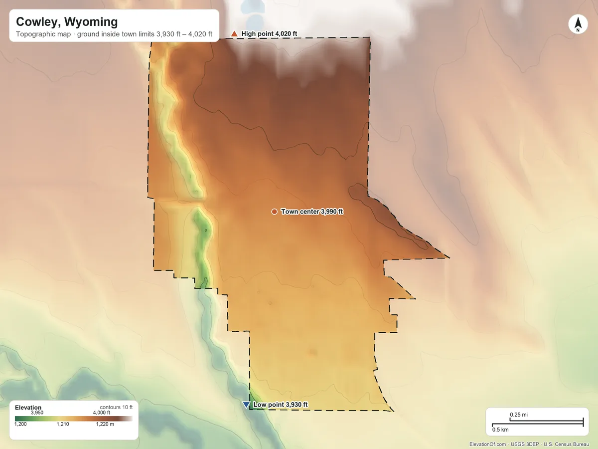 Topographic elevation map of Cowley, Wyoming, shaded from 3,930 ft on the south side to 4,020 ft on the north side