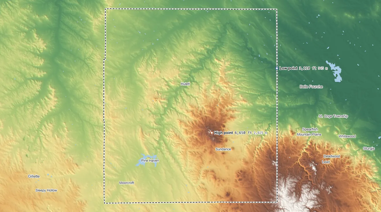 Topographic elevation map of Crook County, Wyoming, shaded from 3,110 ft on the northeast side to 6,650 ft on Warren Peaks