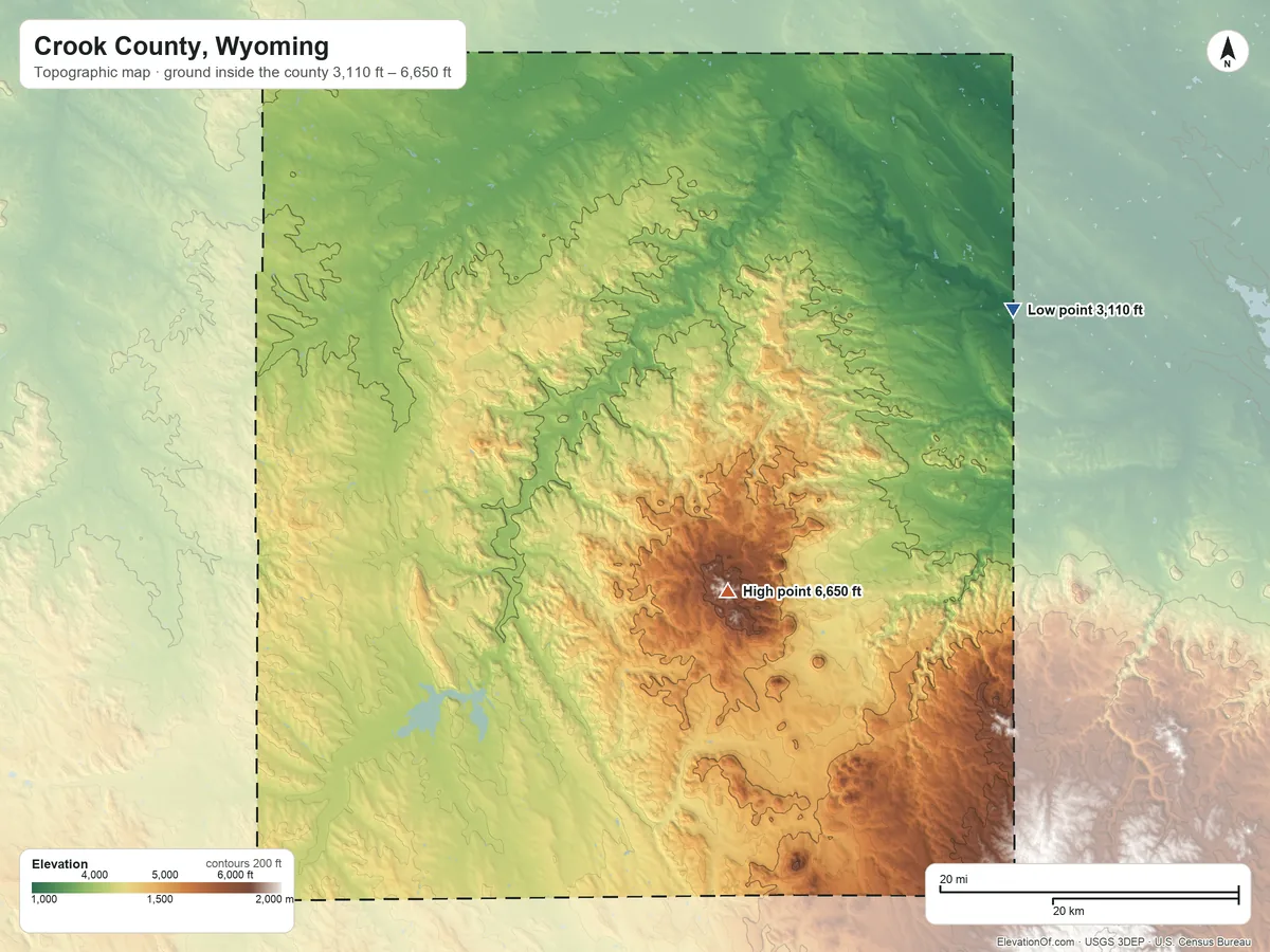 Topographic elevation map of Crook County, Wyoming, shaded from 3,110 ft on the northeast side to 6,650 ft on Warren Peaks