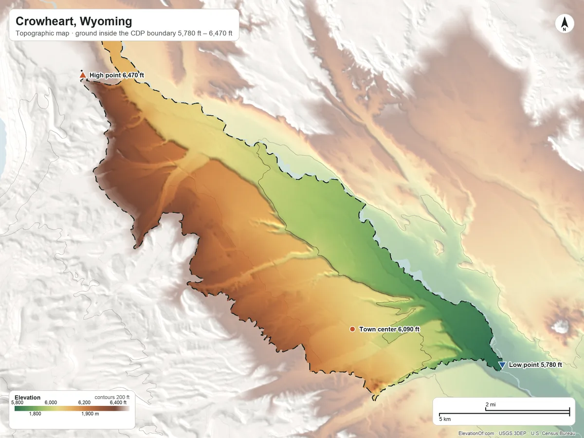 Topographic elevation map of Crowheart, Wyoming, shaded from 5,780 ft on the east side to 6,470 ft on the northwest edge, below higher ground just outside
