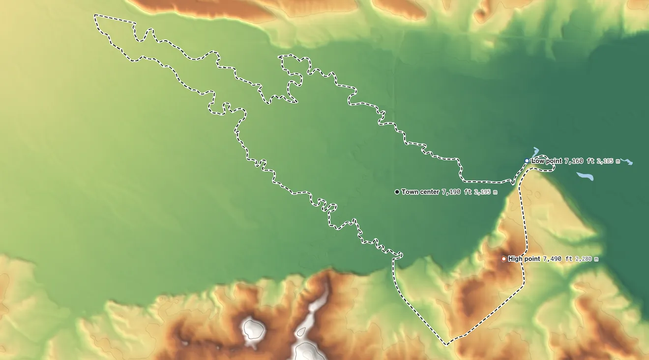 Topographic elevation map of Daniel, Wyoming, shaded from 7,160 ft on the east side to 7,490 ft on the southeast side