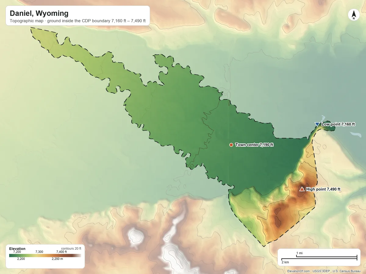 Topographic elevation map of Daniel, Wyoming, shaded from 7,160 ft on the east side to 7,490 ft on the southeast side