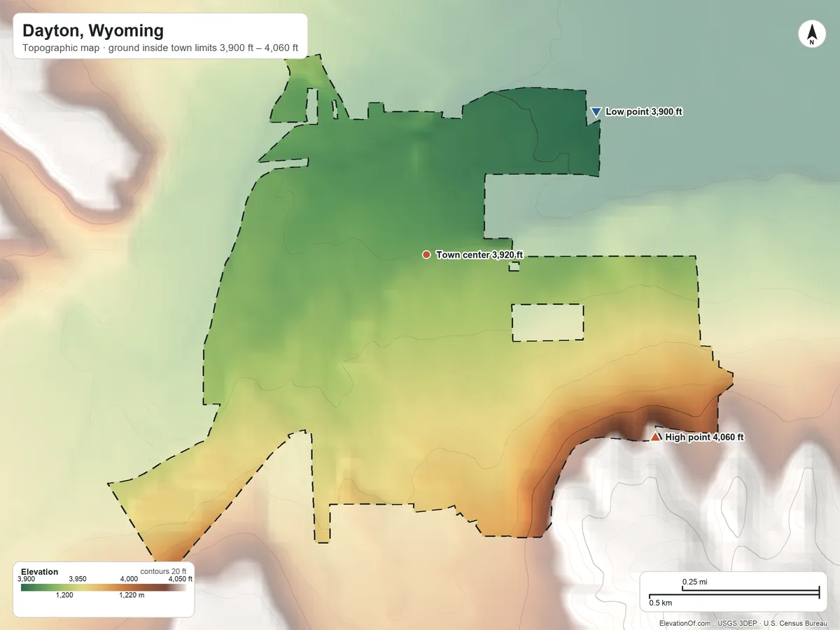 Topographic elevation map of Dayton, Wyoming, shaded from 3,900 ft on the northeast side to 4,060 ft at the foot of the Beaver Creek Hills