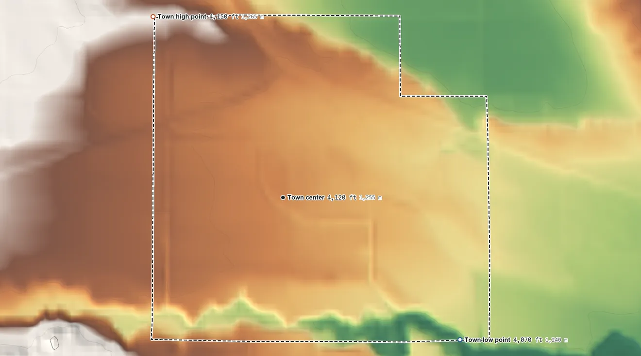 Topographic elevation map of Deaver, Wyoming, shaded from 4,070 ft on the southeast side to 4,150 ft on the northwest side
