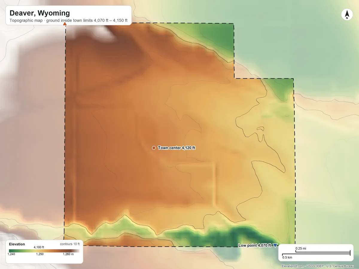 Topographic elevation map of Deaver, Wyoming, shaded from 4,070 ft on the southeast side to 4,150 ft on the northwest side