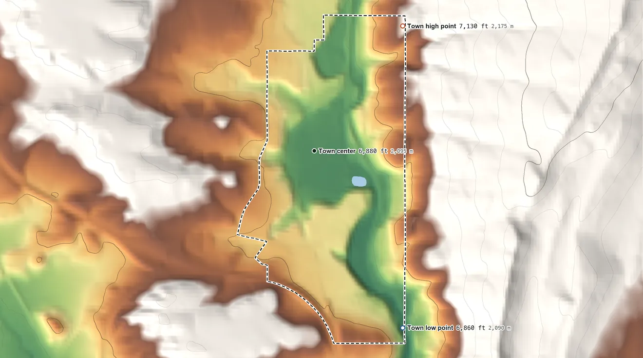 Topographic elevation map of Diamondville, Wyoming, shaded from 6,860 ft on the southeast side to 7,130 ft on the northeast edge, below higher ground just outside