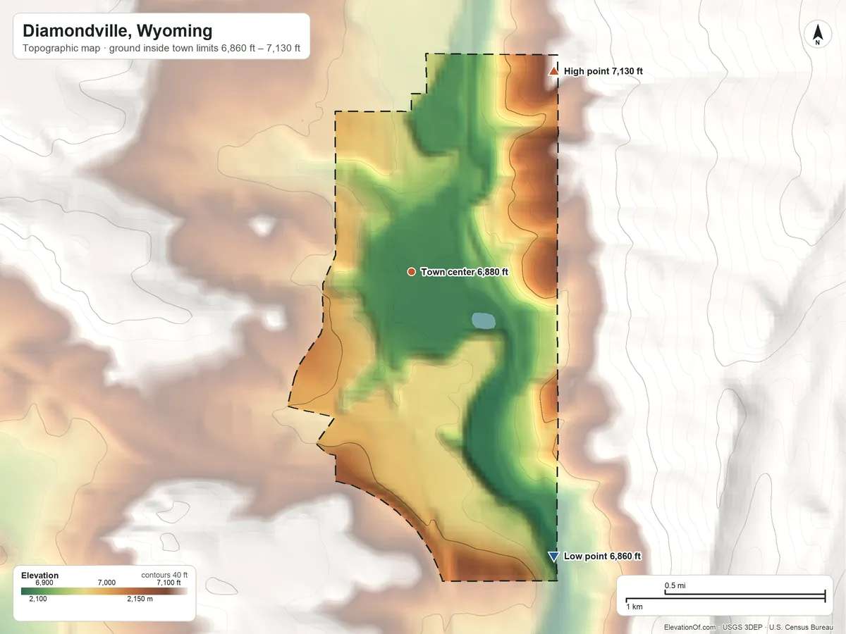 Topographic elevation map of Diamondville, Wyoming, shaded from 6,860 ft on the southeast side to 7,130 ft on the northeast edge, below higher ground just outside