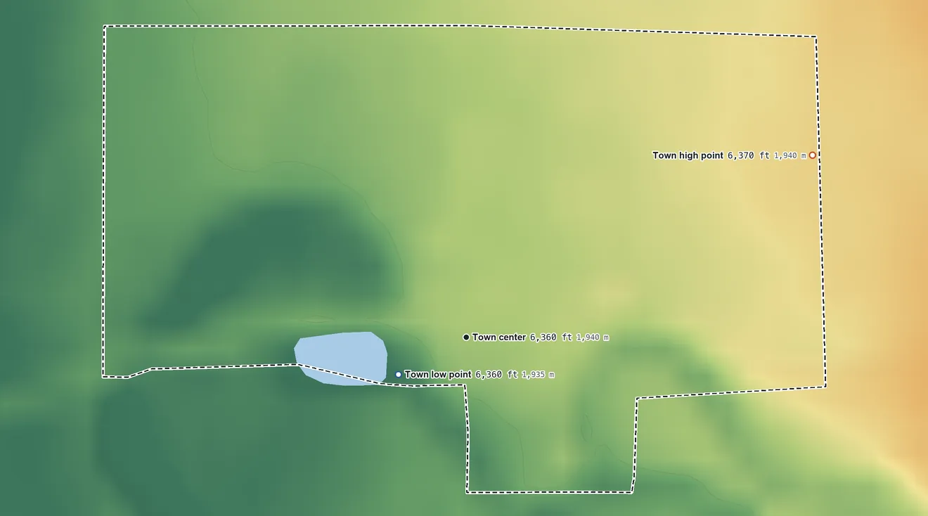 Topographic elevation map of Dixon, Wyoming, shaded from 6,360 ft near the middle to 6,370 ft on the northeast edge, below higher ground just outside