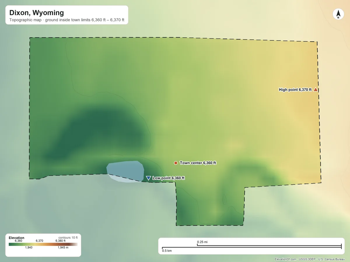 Topographic elevation map of Dixon, Wyoming, shaded from 6,360 ft near the middle to 6,370 ft on the northeast edge, below higher ground just outside