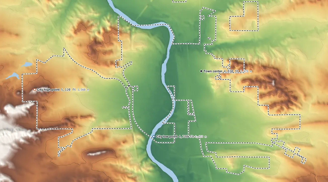 Topographic elevation map of Douglas, Wyoming, shaded from 4,780 ft on the southwest side to 5,120 ft on the west side