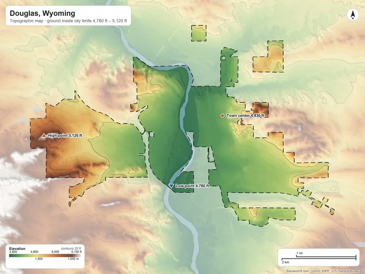 Topographic elevation map of Douglas, Wyoming, shaded from 4,780 ft on the southwest side to 5,120 ft on the west side