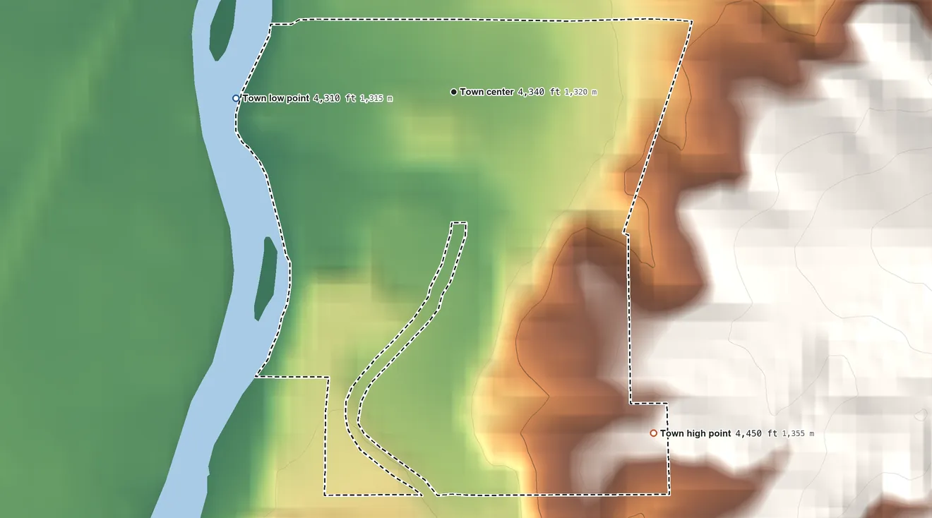 Topographic elevation map of East Thermopolis, Wyoming, shaded from 4,310 ft on the west side to 4,450 ft at the foot of the Bridger Mountains