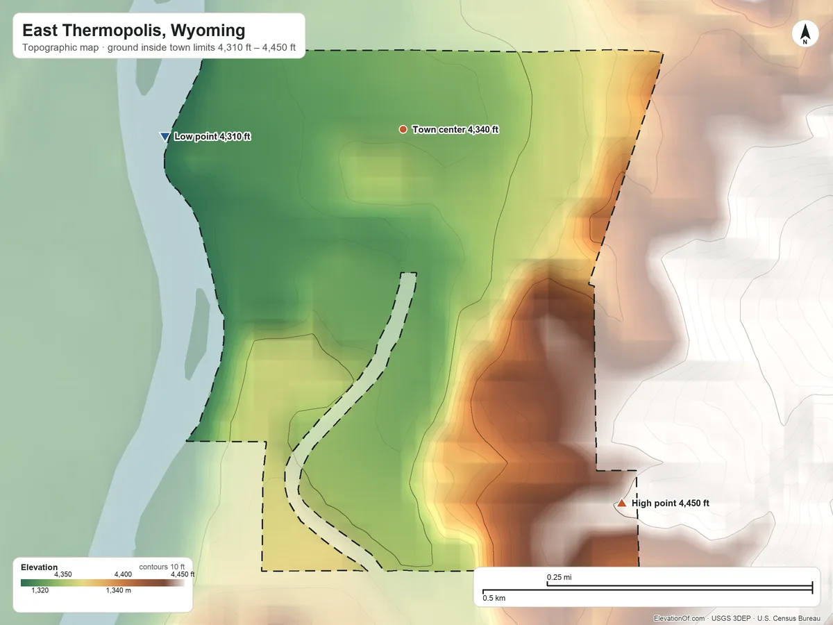 Topographic elevation map of East Thermopolis, Wyoming, shaded from 4,310 ft on the west side to 4,450 ft at the foot of the Bridger Mountains