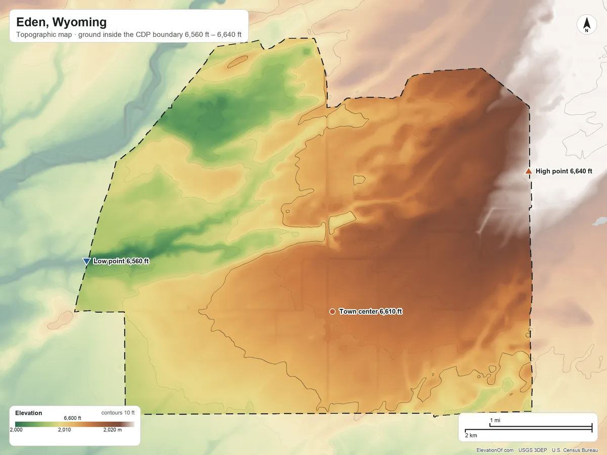 Topographic elevation map of Eden, Wyoming, shaded from 6,560 ft on the west side to 6,640 ft on the northeast side