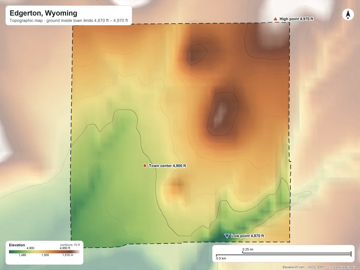 Topographic elevation map of Edgerton, Wyoming, shaded from 4,870 ft on the southeast side to 4,970 ft on the northeast side