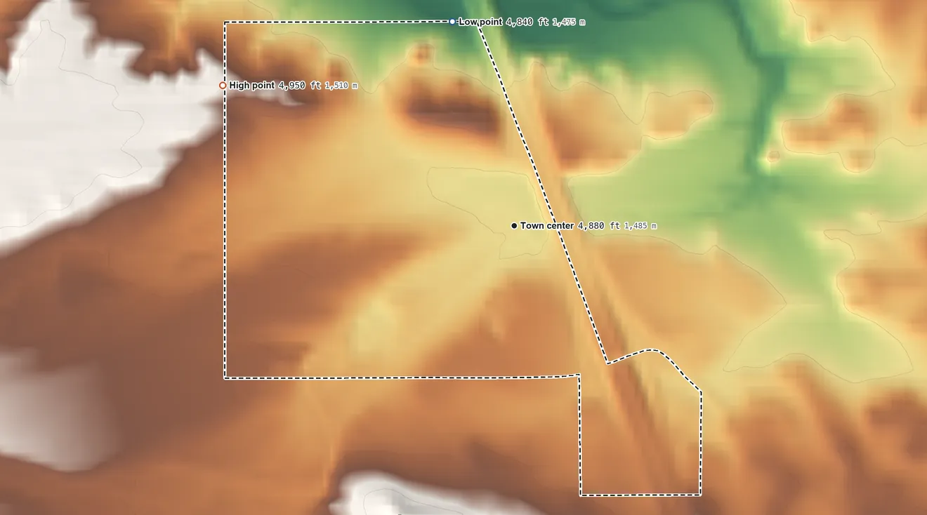 Topographic elevation map of El Rancho, Wyoming, shaded from 4,840 ft on the north side to 4,950 ft on the northwest side
