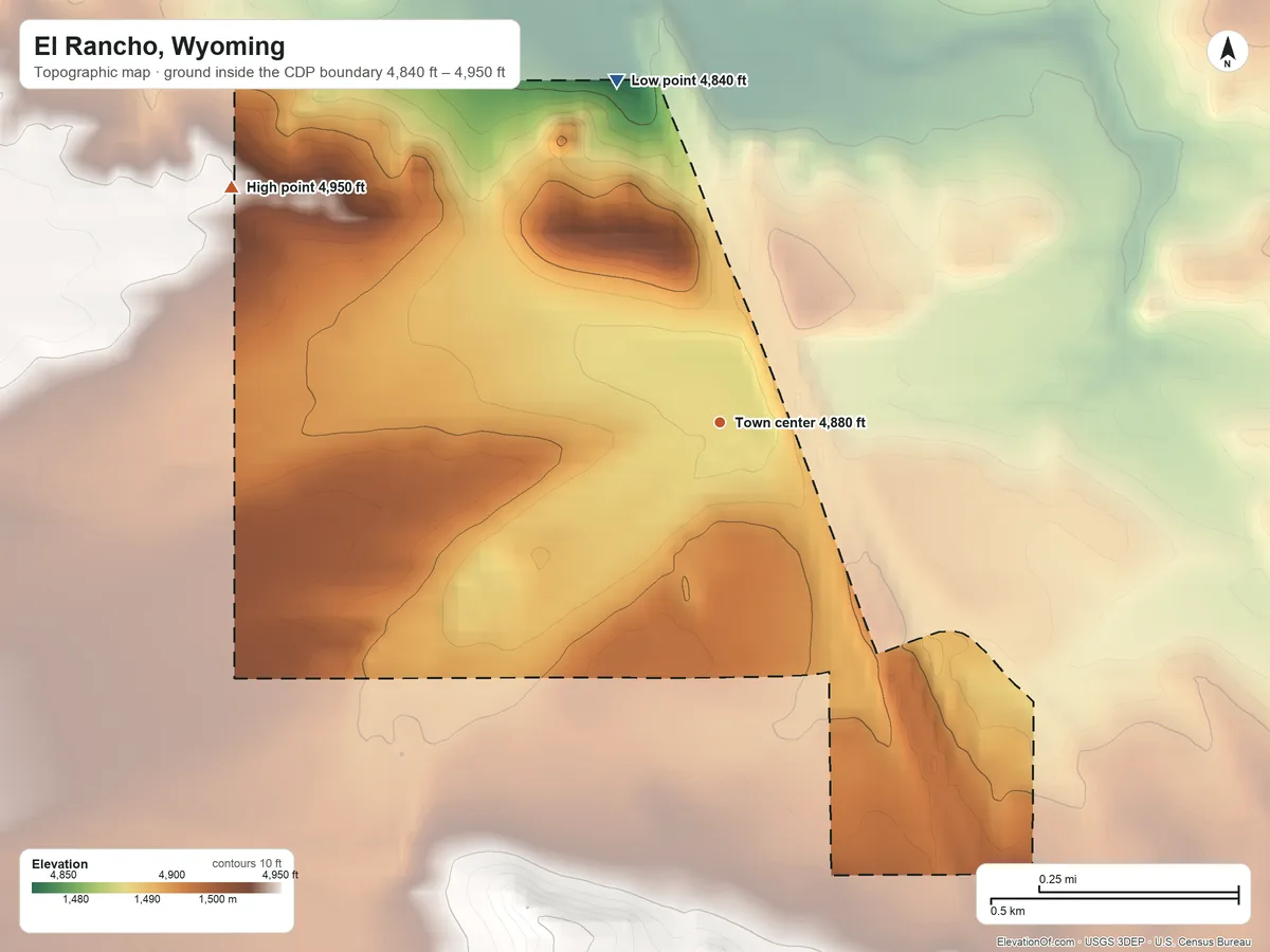 Topographic elevation map of El Rancho, Wyoming, shaded from 4,840 ft on the north side to 4,950 ft on the northwest side