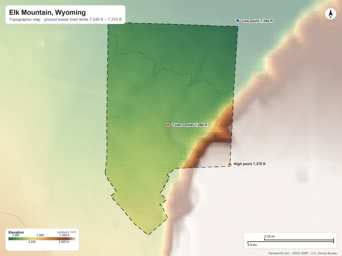 Topographic elevation map of Elk Mountain, Wyoming, shaded from 7,240 ft on the northeast side to 7,370 ft on the southeast side