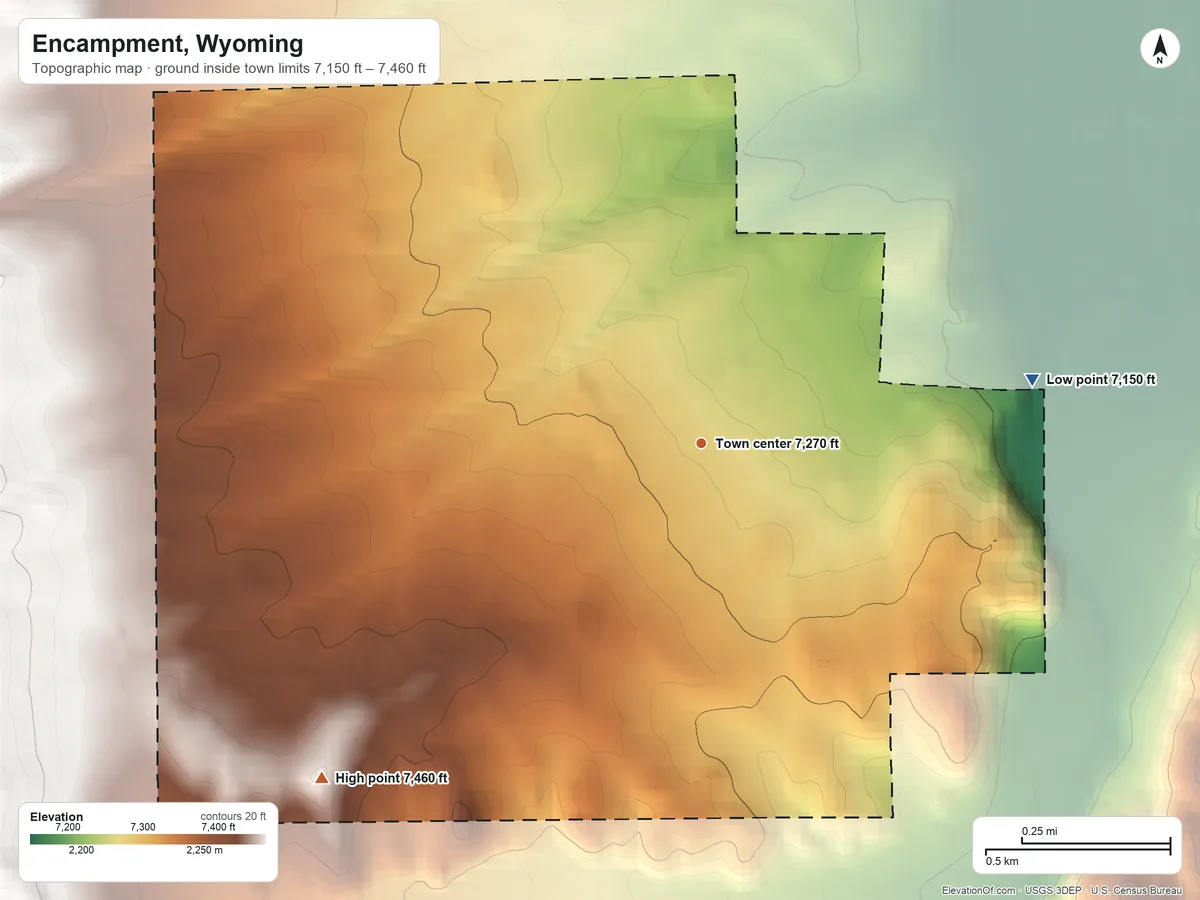 Topographic elevation map of Encampment, Wyoming, shaded from 7,150 ft on the east side to 7,460 ft at the foot of the Sierra Madre