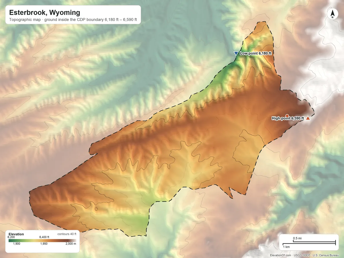 Topographic elevation map of Esterbrook, Wyoming, shaded from 6,180 ft on the northwest side to 6,590 ft near the middle