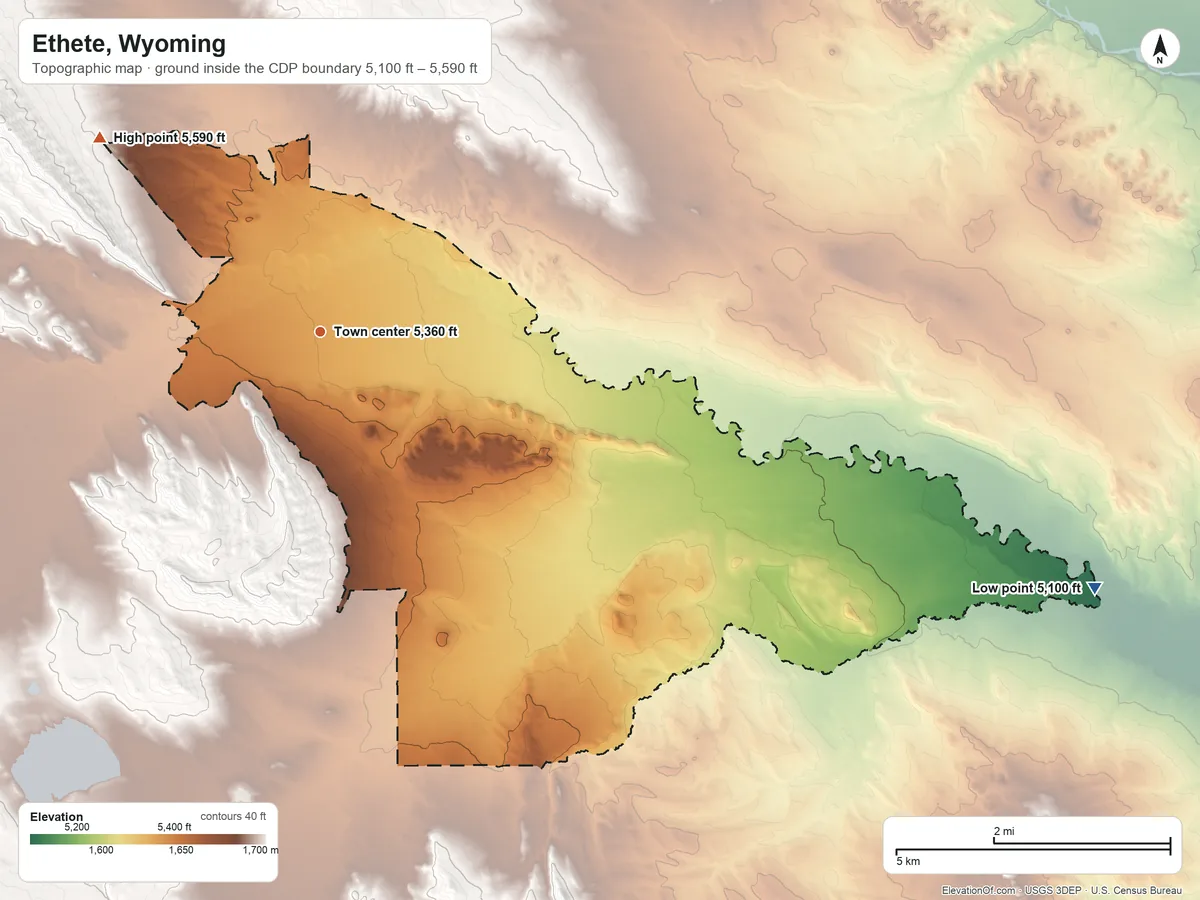 Topographic elevation map of Ethete, Wyoming, shaded from 5,100 ft on the east side to 5,590 ft at the foot of the Edmo Buttes
