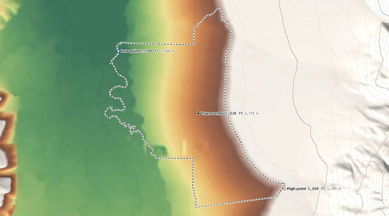 Topographic elevation map of Etna, Wyoming, shaded from 5,700 ft on the northwest side to 5,880 ft on the southeast edge, below higher ground just outside
