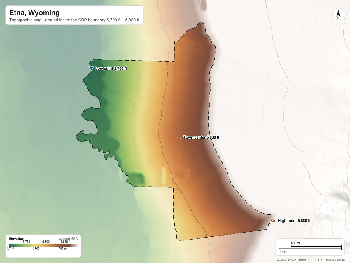 Topographic elevation map of Etna, Wyoming, shaded from 5,700 ft on the northwest side to 5,880 ft on the southeast edge, below higher ground just outside