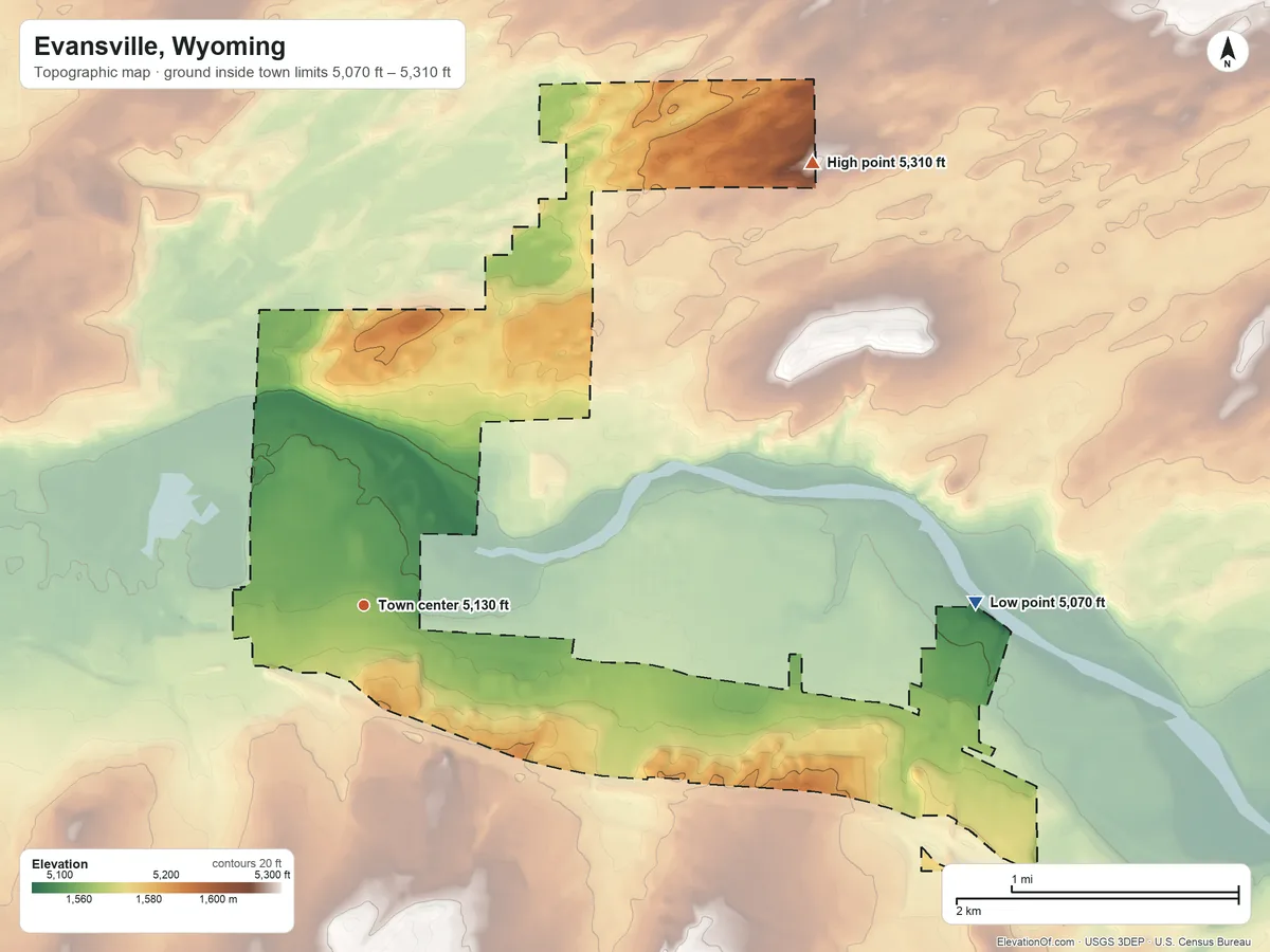 Topographic elevation map of Evansville, Wyoming, shaded from 5,070 ft on the east side to 5,310 ft on the northeast side