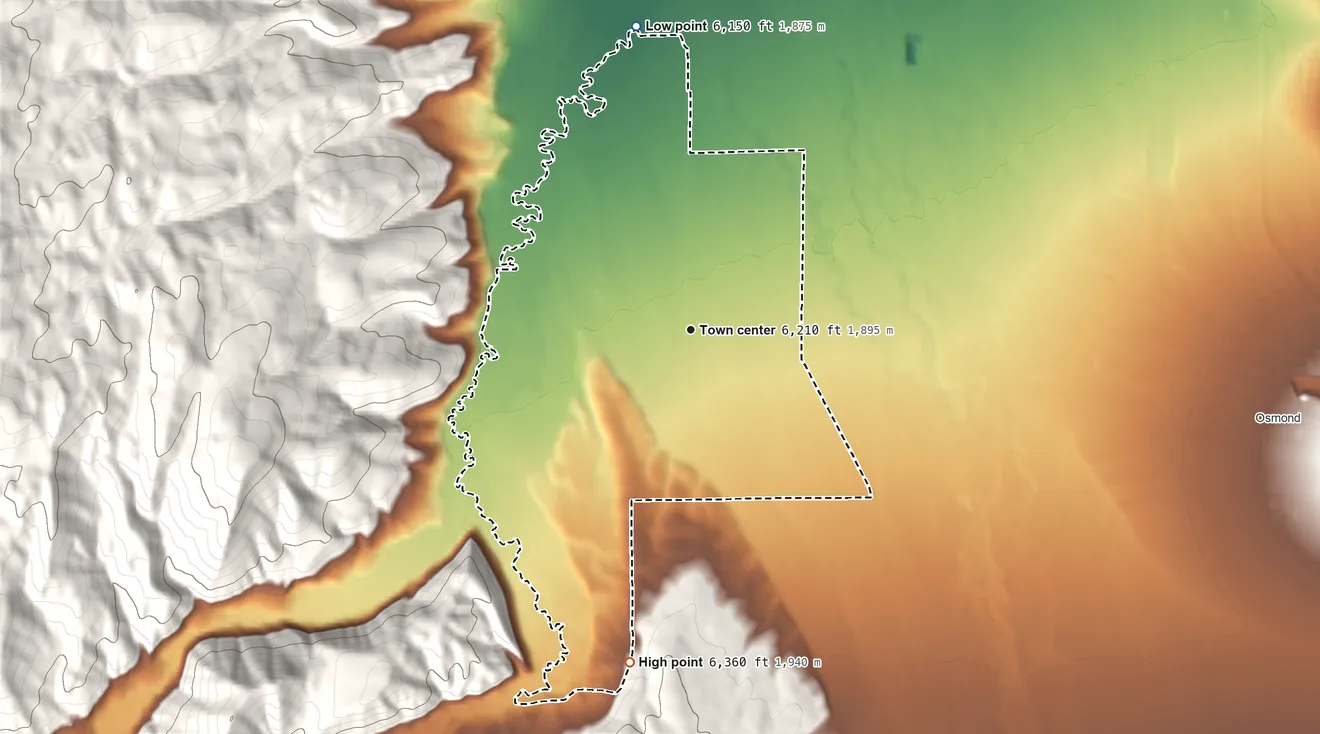 Topographic elevation map of Fairview, Wyoming, shaded from 6,150 ft on the north side to 6,360 ft at the foot of the Gannett Hills
