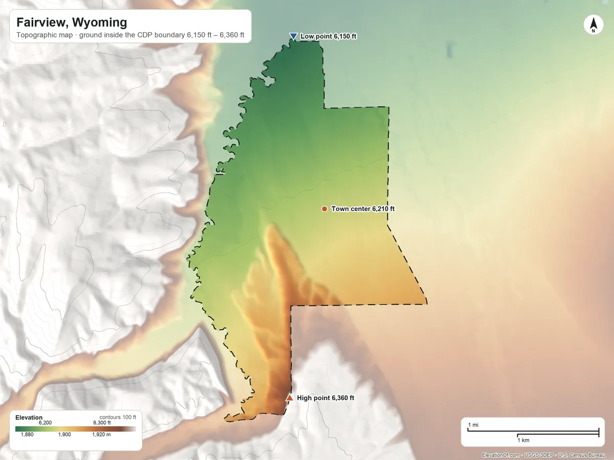 Topographic elevation map of Fairview, Wyoming, shaded from 6,150 ft on the north side to 6,360 ft at the foot of the Gannett Hills