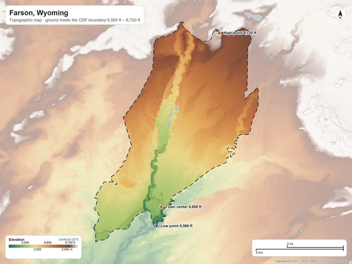 Topographic elevation map of Farson, Wyoming, shaded from 6,560 ft near the middle to 6,720 ft on the north side